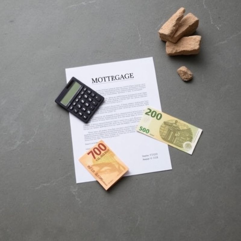 Ugovor o hipoteci, kalkulator i euro novčanica na sivoj kamenoj podlozi